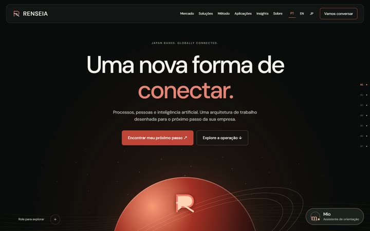 RENSEIA website capture: dark interface with the R monogram and connected service areas.